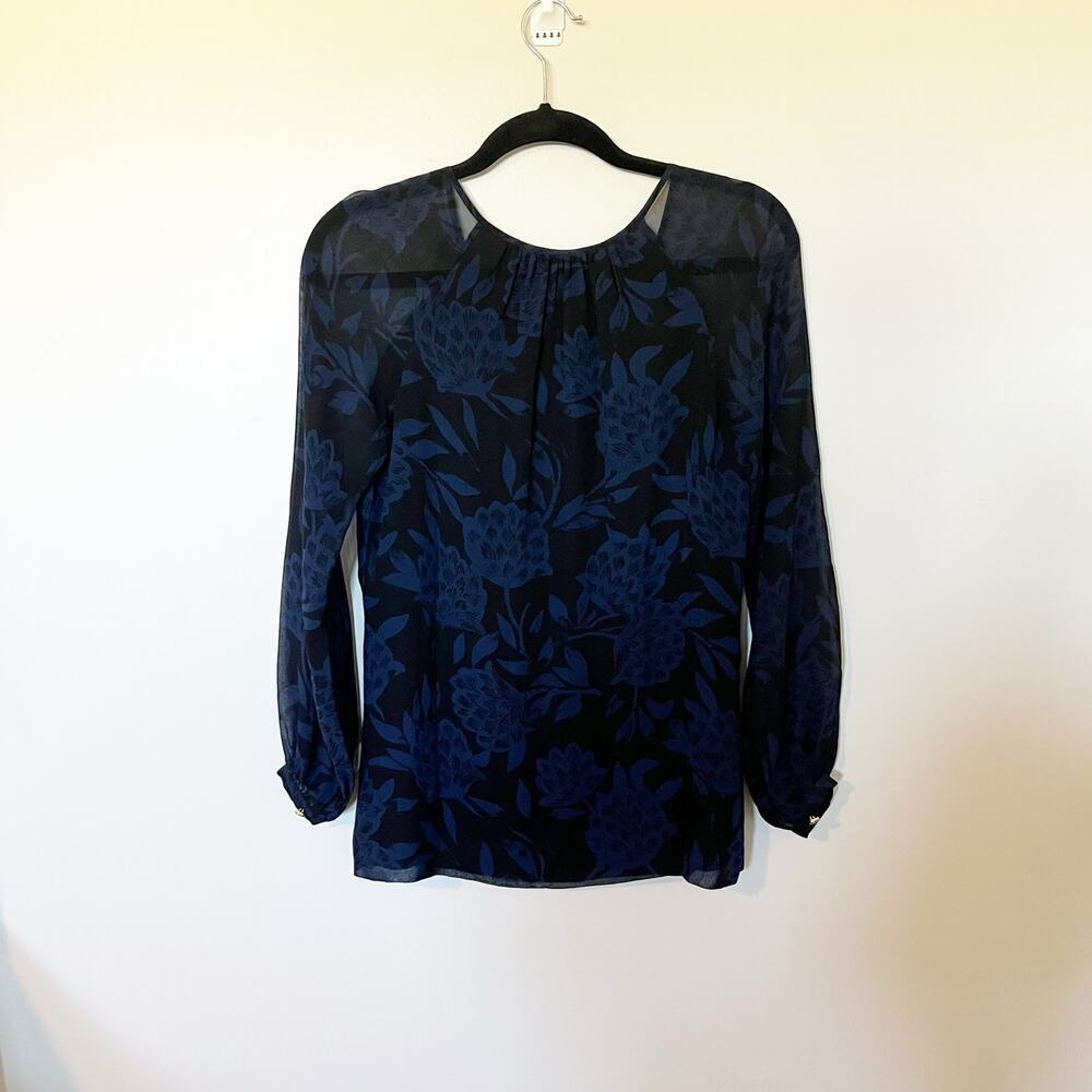 Tory Burch black blue floral silk long sleeve blouse women size 2 - Picture 2 of 9